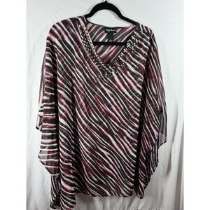 Maggie Barnes Plus Sheer Poncho Top Blouse Studded V-Neck Abstract